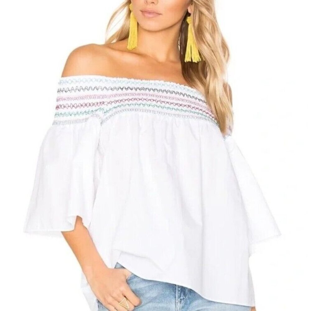 BeachLunchLounge Aurora Top Size XS Off The Shoulder Smocked Shirred Peasant